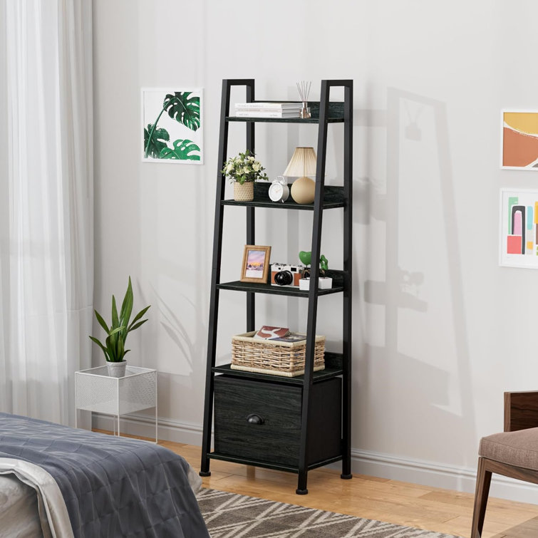 Narrow ladder store shelf with drawer